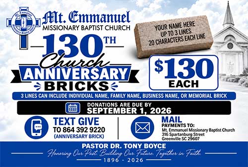 Mt. Emmanuel Missionary Baptist Church 130th anniversary brick fundraiser with personalized bricks available for $130